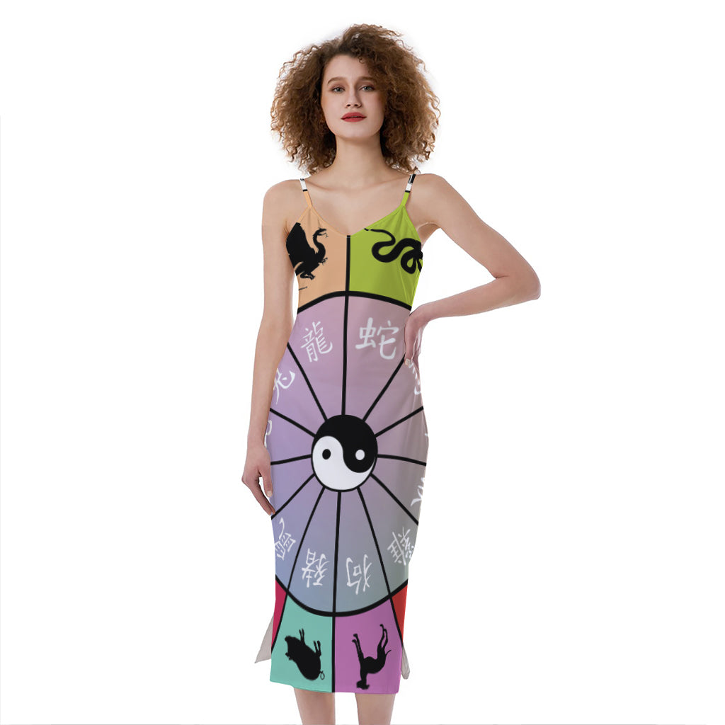 Colourful Chinese Zodiac Wheel Print Slim Fit Midi Cami Dress