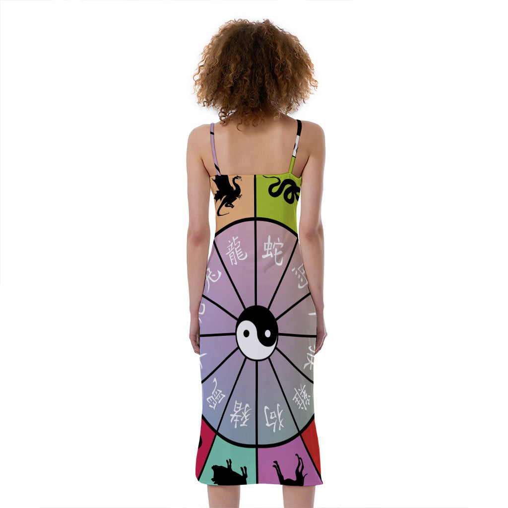 Colourful Chinese Zodiac Wheel Print Slim Fit Midi Cami Dress