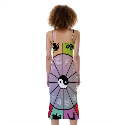 Colourful Chinese Zodiac Wheel Print Slim Fit Midi Cami Dress