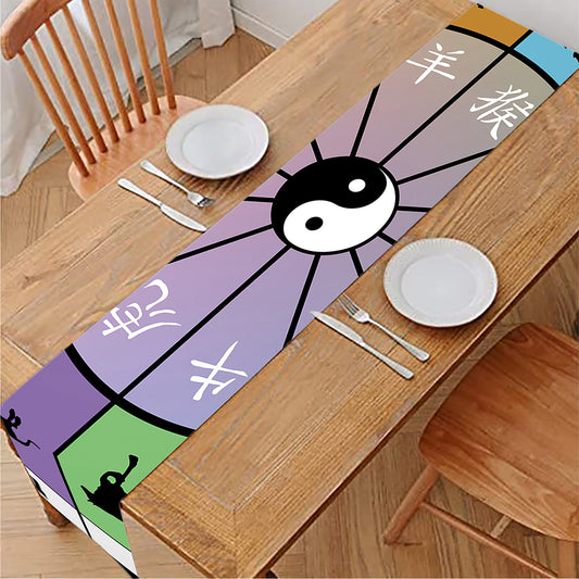 Colourful Chinese Zodiac Wheel Print Table Runner