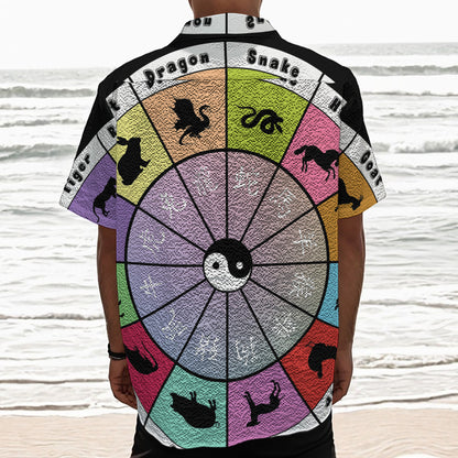 Colourful Chinese Zodiac Wheel Print Textured Short Sleeve Shirt