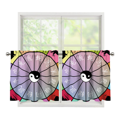 Colourful Chinese Zodiac Wheel Print Tier Curtains