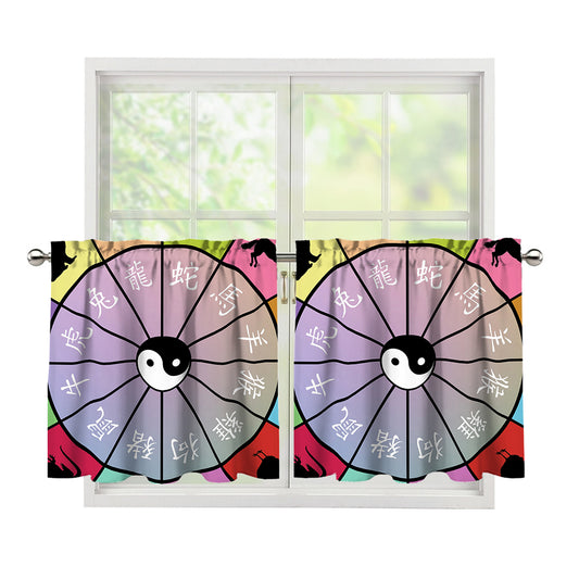 Colourful Chinese Zodiac Wheel Print Tier Curtains