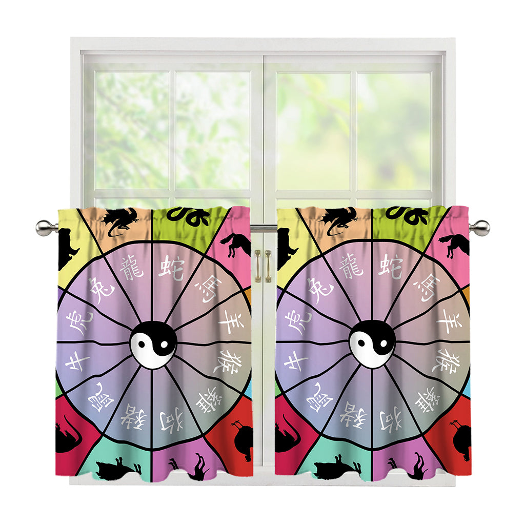 Colourful Chinese Zodiac Wheel Print Tier Curtains