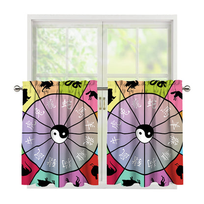 Colourful Chinese Zodiac Wheel Print Tier Curtains