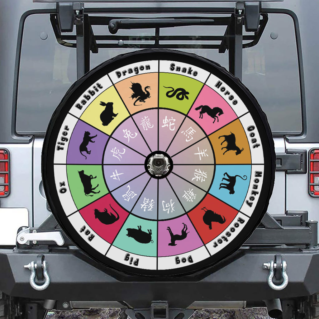 Colourful Chinese Zodiac Wheel Print Tire Cover With Camera Hole