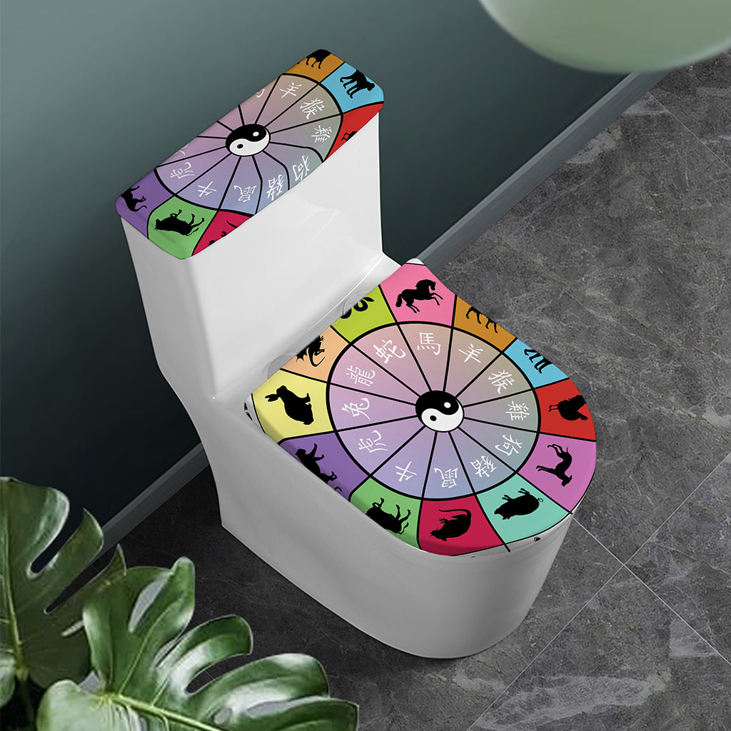 Colourful Chinese Zodiac Wheel Print Toilet Lid And Tank Cover Set