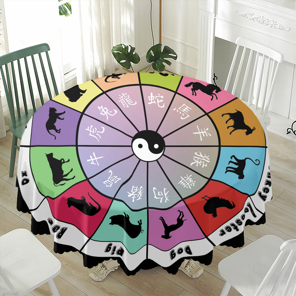 Colourful Chinese Zodiac Wheel Print Waterproof Round Tablecloth