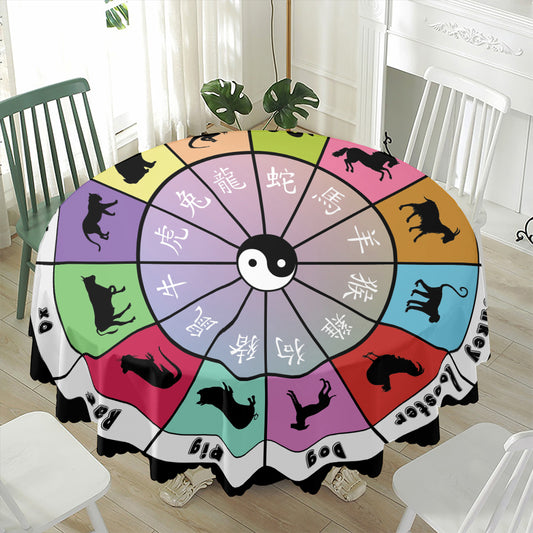 Colourful Chinese Zodiac Wheel Print Waterproof Round Tablecloth