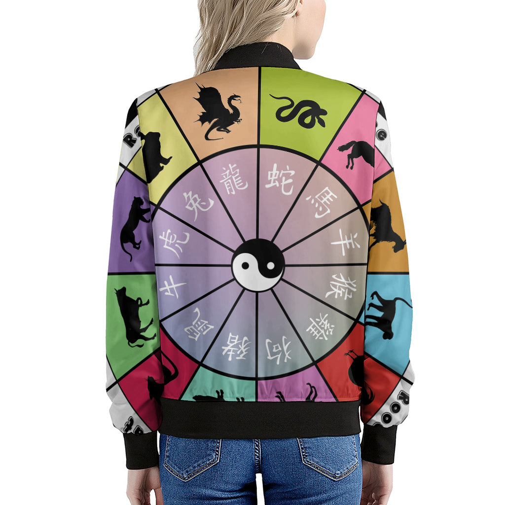 Colourful Chinese Zodiac Wheel Print Women's Bomber Jacket
