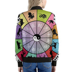 Colourful Chinese Zodiac Wheel Print Women's Bomber Jacket