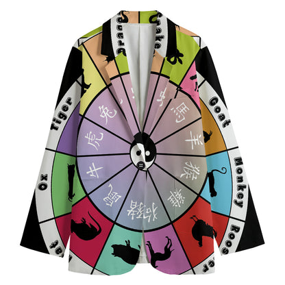Colourful Chinese Zodiac Wheel Print Women's Cotton Blazer