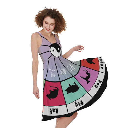Colourful Chinese Zodiac Wheel Print Women's Sleeveless Dress