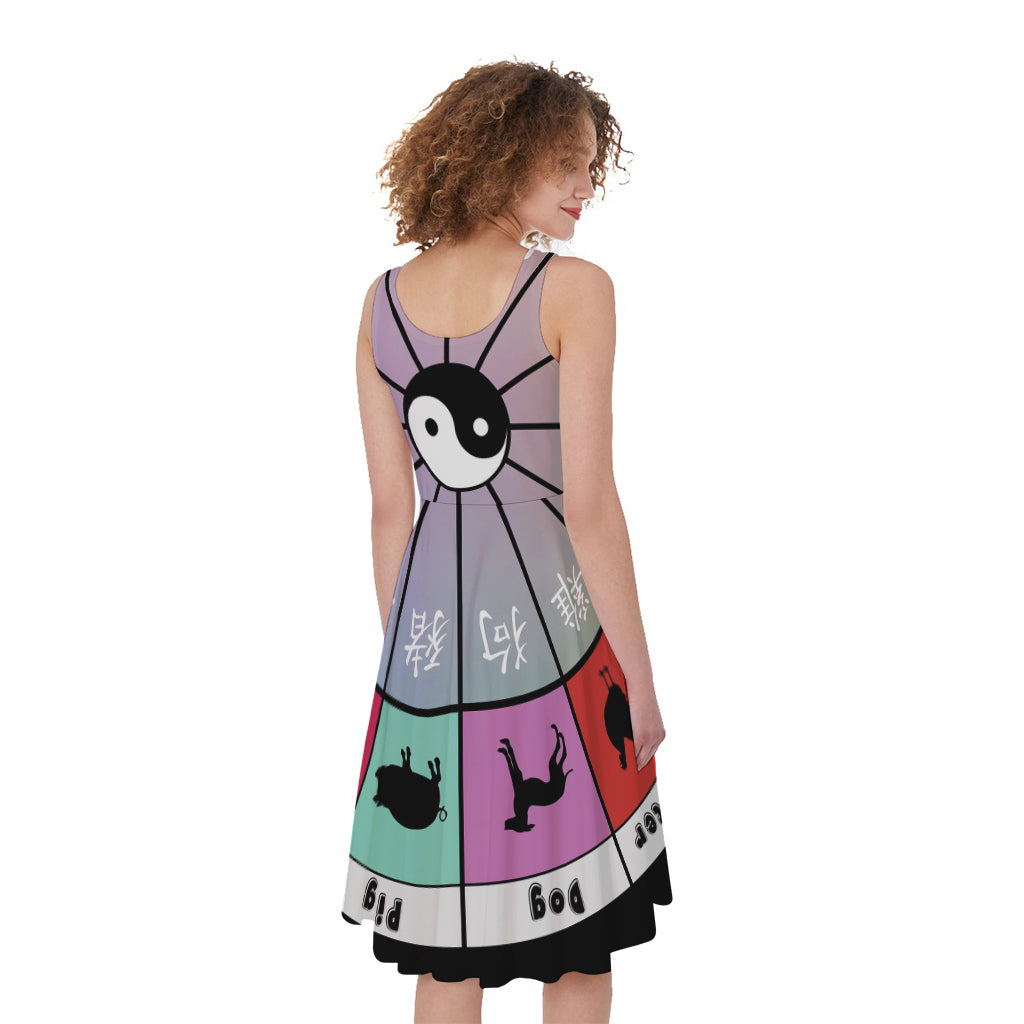 Colourful Chinese Zodiac Wheel Print Women's Sleeveless Dress