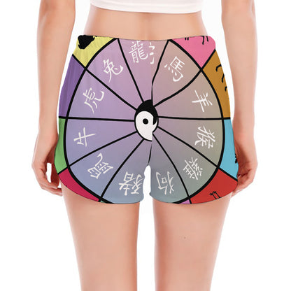 Colourful Chinese Zodiac Wheel Print Women's Split Running Shorts
