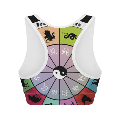 Colourful Chinese Zodiac Wheel Print Women's Sports Bra