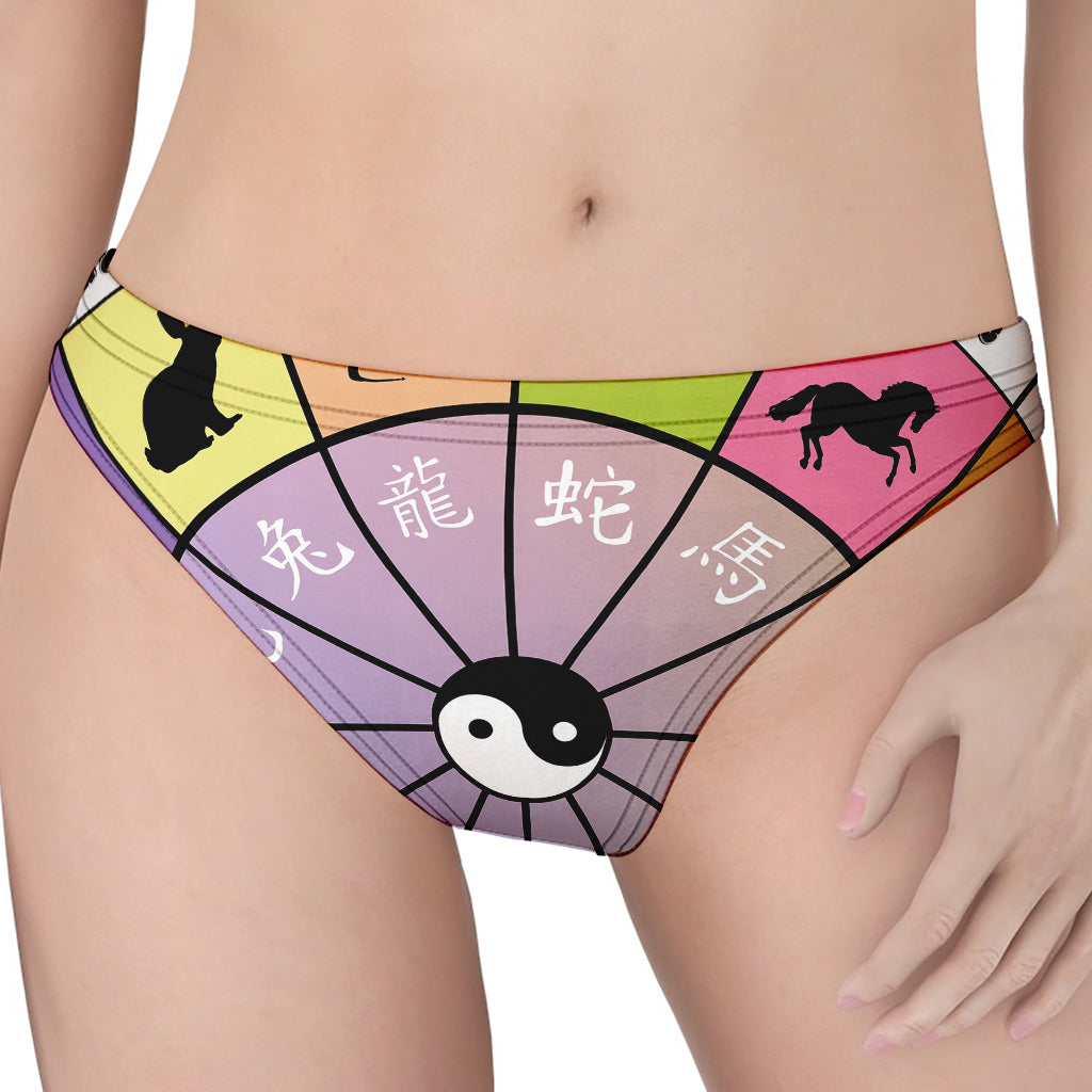 Colourful Chinese Zodiac Wheel Print Women's Thong