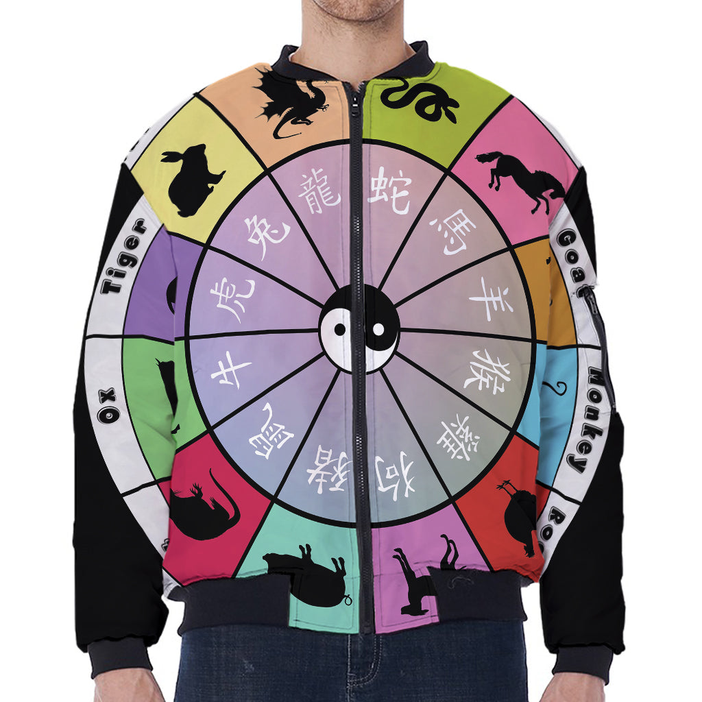 Colourful Chinese Zodiac Wheel Print Zip Sleeve Bomber Jacket