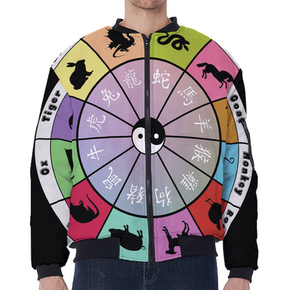 Colourful Chinese Zodiac Wheel Print Zip Sleeve Bomber Jacket