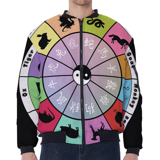 Colourful Chinese Zodiac Wheel Print Zip Sleeve Bomber Jacket
