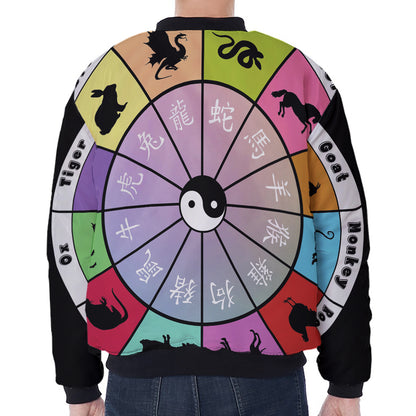 Colourful Chinese Zodiac Wheel Print Zip Sleeve Bomber Jacket