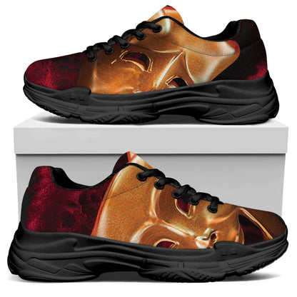 Comedy And Tragedy Theater Masks Print Black Chunky Shoes