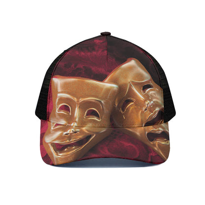 Comedy And Tragedy Theater Masks Print Black Mesh Trucker Cap
