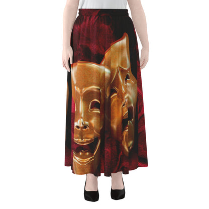 Comedy And Tragedy Theater Masks Print Chiffon Maxi Skirt