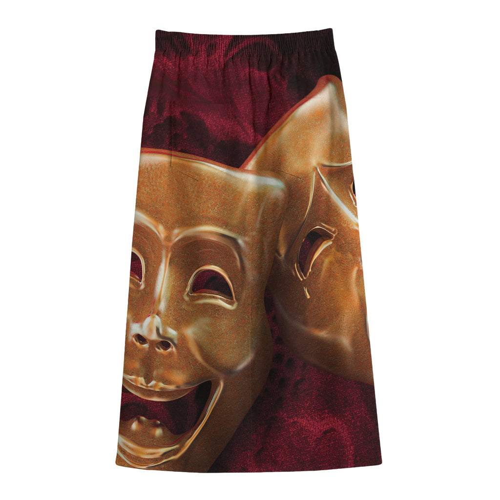 Comedy And Tragedy Theater Masks Print Cotton Front Slit Maxi Skirt