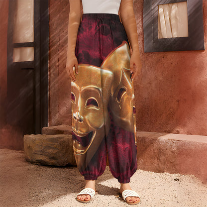 Comedy And Tragedy Theater Masks Print Harem Pants