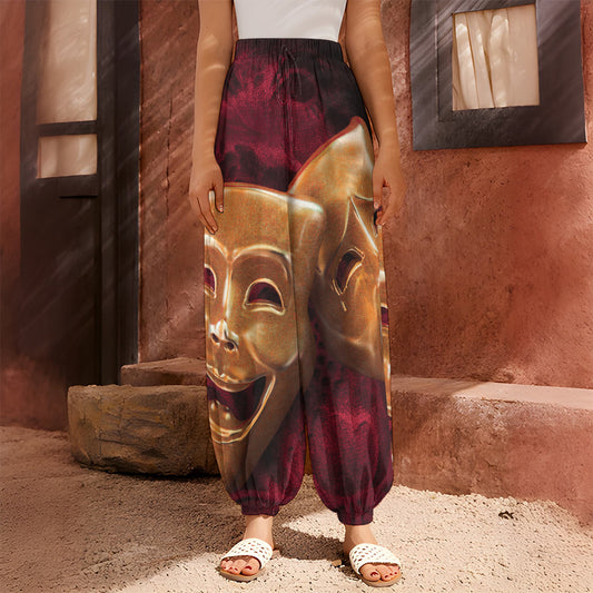 Comedy And Tragedy Theater Masks Print Harem Pants