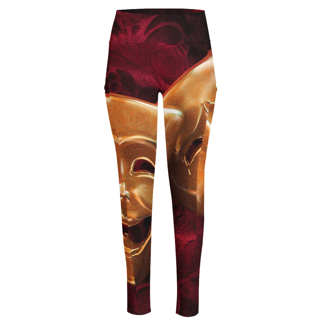 Comedy And Tragedy Theater Masks Print High-Waisted Pocket Leggings