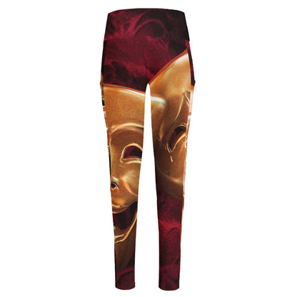 Comedy And Tragedy Theater Masks Print High-Waisted Pocket Leggings