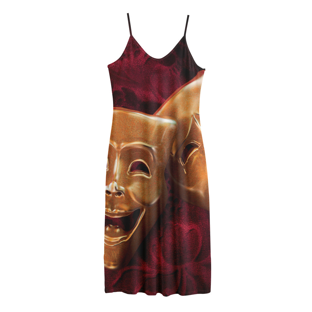 Comedy And Tragedy Theater Masks Print Jersey Midi Cami Dress