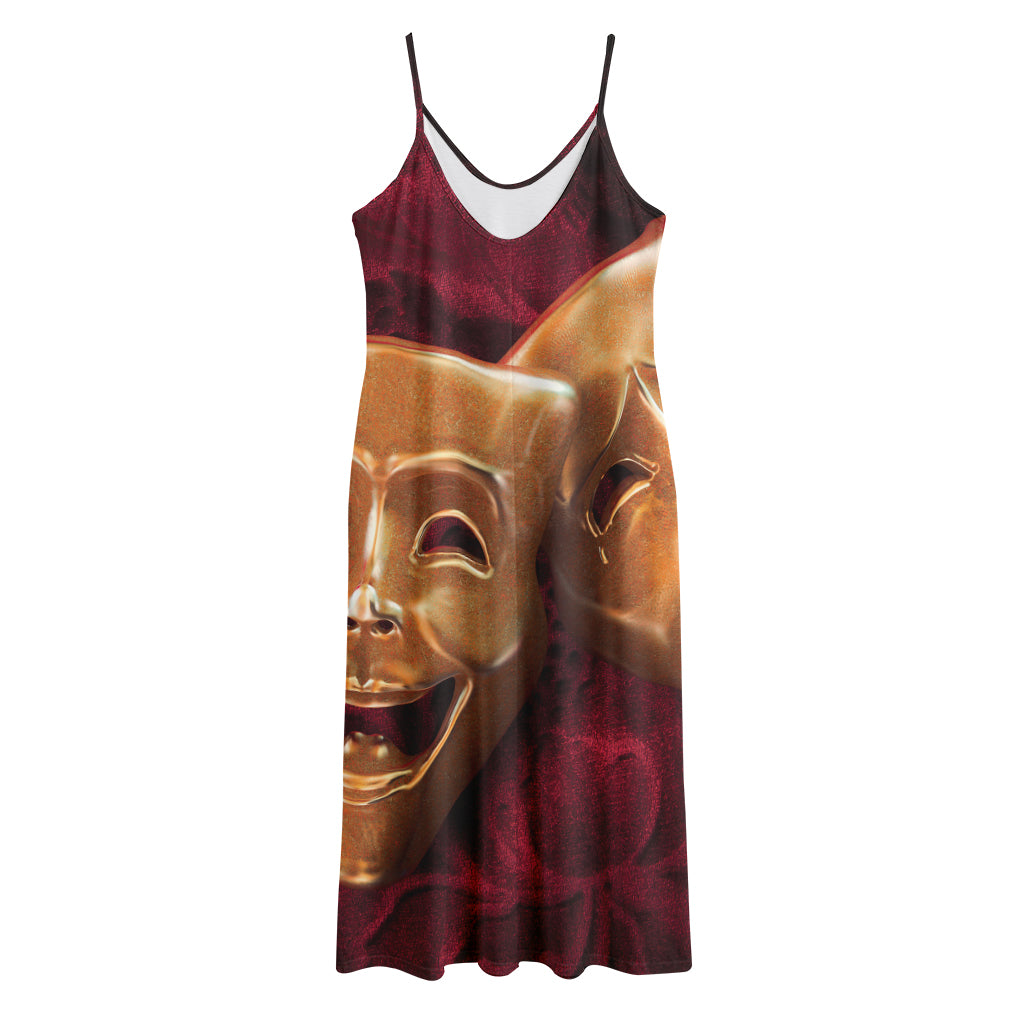 Comedy And Tragedy Theater Masks Print Jersey Midi Cami Dress