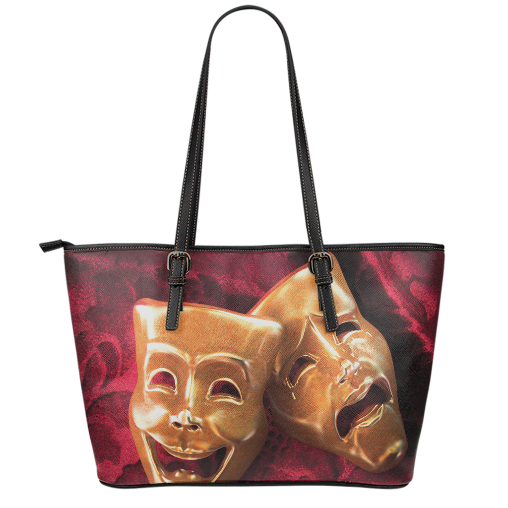 Comedy And Tragedy Theater Masks Print Leather Tote Bag