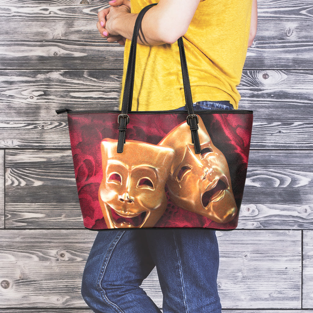 Comedy And Tragedy Theater Masks Print Leather Tote Bag