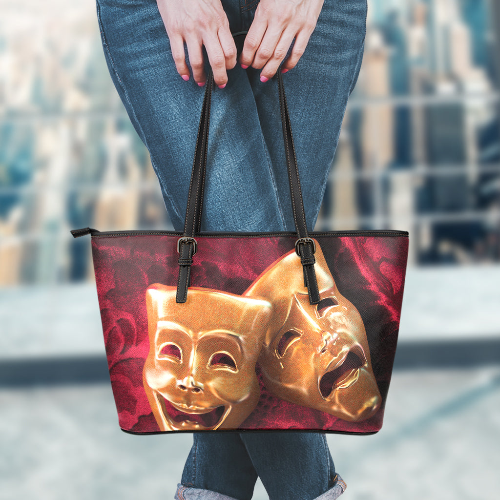 Comedy And Tragedy Theater Masks Print Leather Tote Bag
