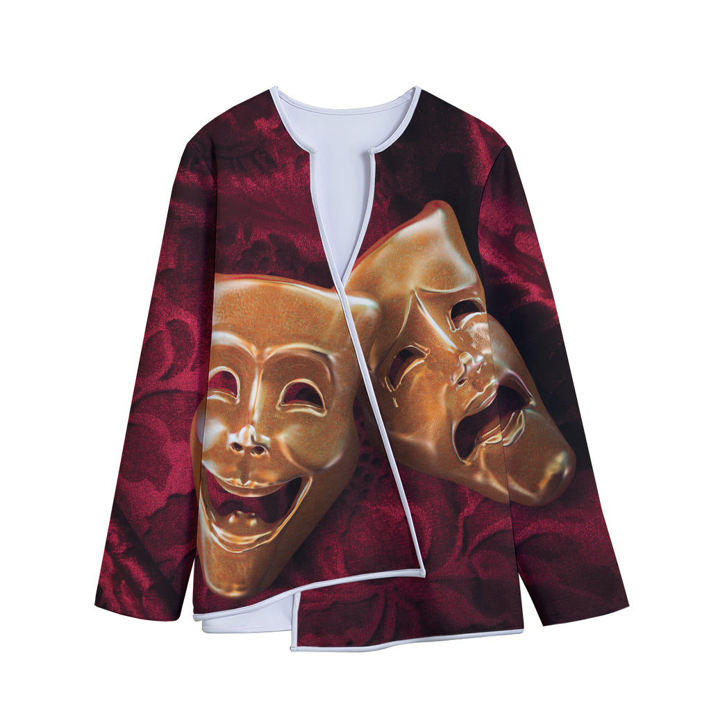 Comedy And Tragedy Theater Masks Print Long Sleeve Short Coat