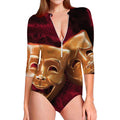 Comedy And Tragedy Theater Masks Print Long Sleeve Swimsuit