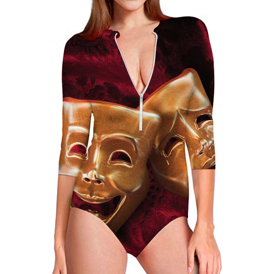 Comedy And Tragedy Theater Masks Print Long Sleeve Swimsuit