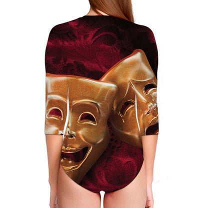 Comedy And Tragedy Theater Masks Print Long Sleeve Swimsuit