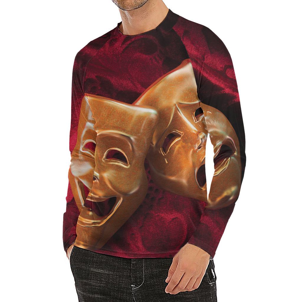 Comedy And Tragedy Theater Masks Print Men's Long Sleeve Rash Guard