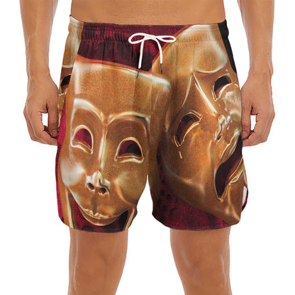 Comedy And Tragedy Theater Masks Print Men's Split Running Shorts