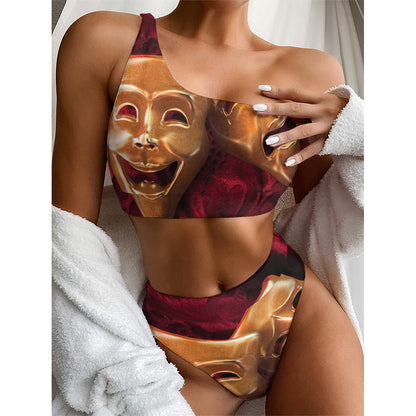 Comedy And Tragedy Theater Masks Print One Shoulder Bikini Top