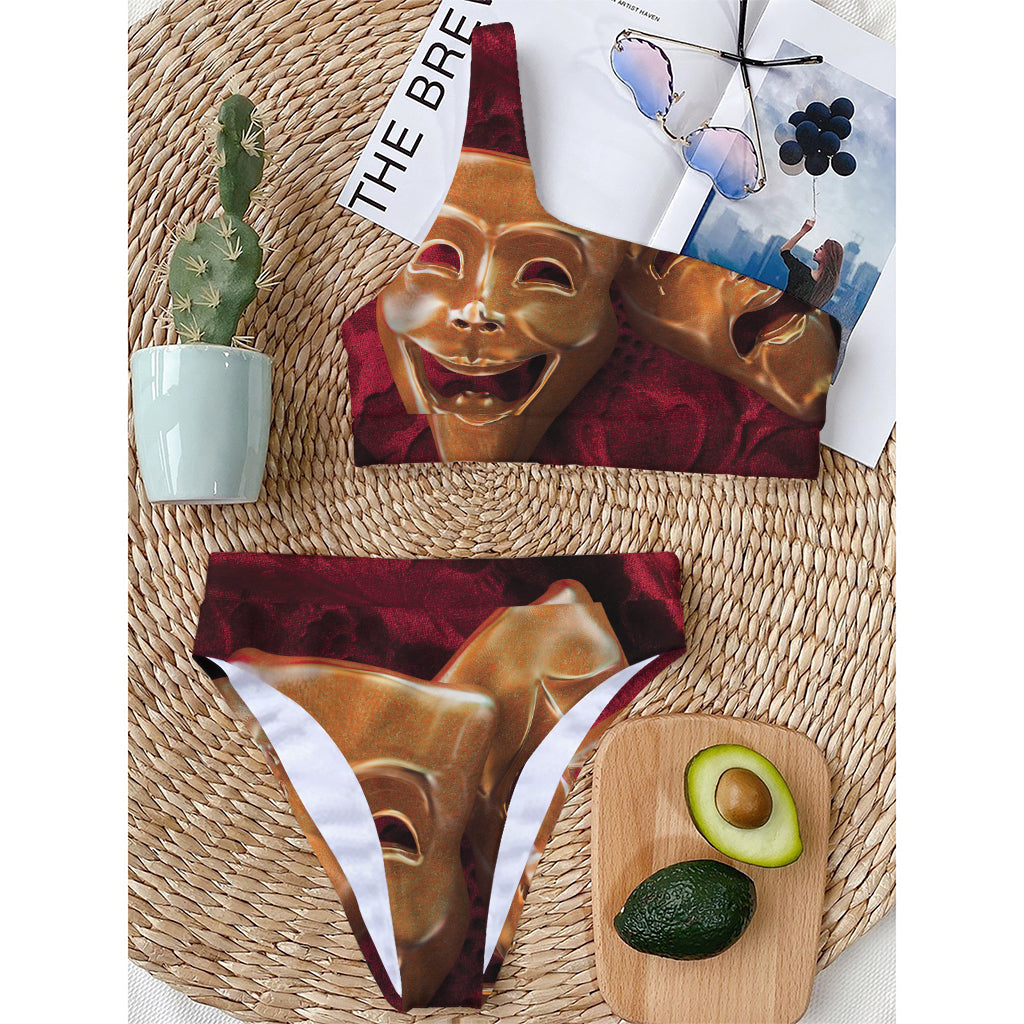 Comedy And Tragedy Theater Masks Print One Shoulder Bikini Top