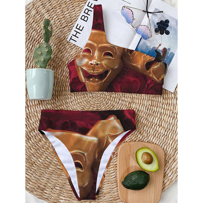Comedy And Tragedy Theater Masks Print One Shoulder Bikini Top