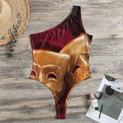 Comedy And Tragedy Theater Masks Print One Shoulder Bodysuit