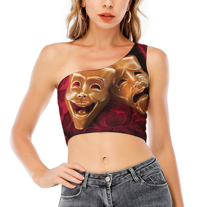 Comedy And Tragedy Theater Masks Print One Shoulder Crop Top