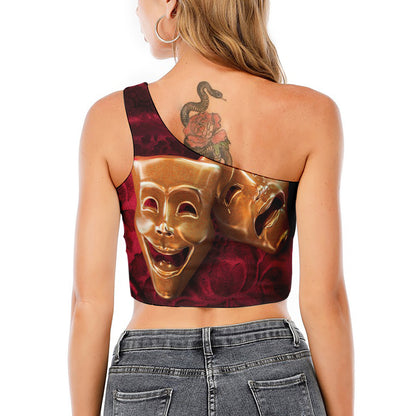 Comedy And Tragedy Theater Masks Print One Shoulder Crop Top